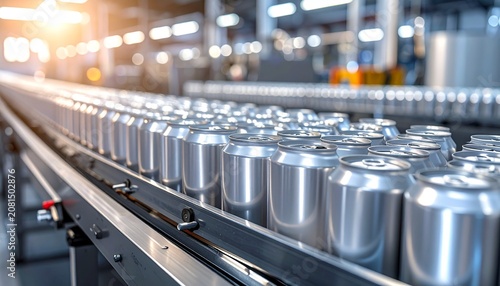 Automated beverage production line with aluminum cans on conveyor, industrial factory setting symbolizing efficiency, precision, and modern manufacturing.