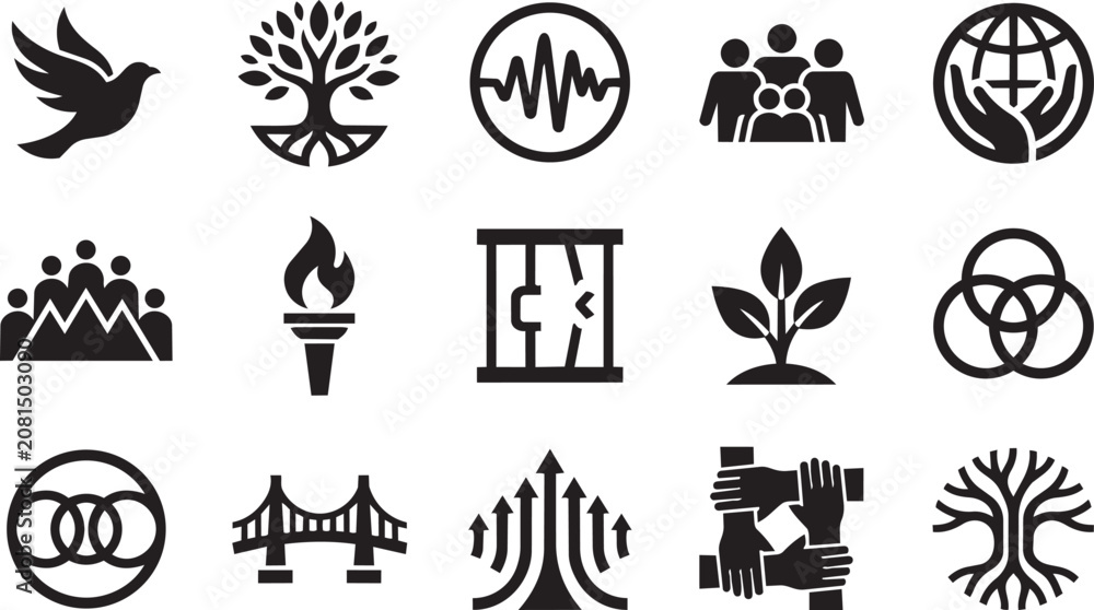 Fototapeta premium Black Glyph Peace, Nature and Global Unity Icon Set — Bird, Tree of Life, Heartbeat, Bridge, Growth, Diversity, Infinity and Worldwide Connection Silhouette Symbol Pack on White Background