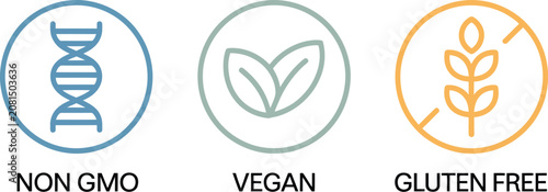 Photos Gluten Free, Vegan and Non GMO icons for healthy food packaging, organic nutrition labels, natural product branding, clean eating and sustainable marketing