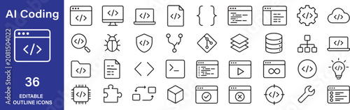 Obraz na plátně Coding Vector Outline Icon Set – 36 Modern Minimalist UI UX Programming Developm