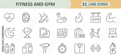 Fitness and gym training thin line icons for healthy lifestyle and sport with training