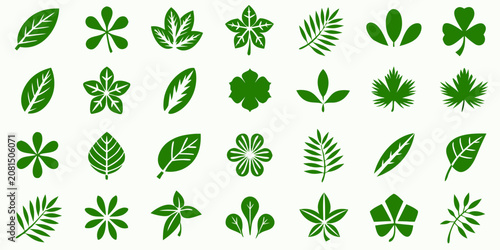 Vászonkép Green Leaf Collection Flat Vector Illustration Against A White Background