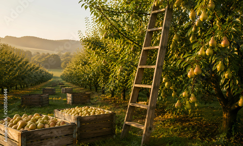 Realistic photo, large wooden orchard ladder standing beside a pear tree loaded with ripe fruit, harvest crates waiting below, soft morning sunlight, no people