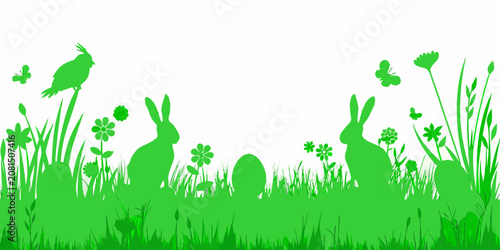 Green Silhouette Banner Featuring Rabbits Flowers And Grass