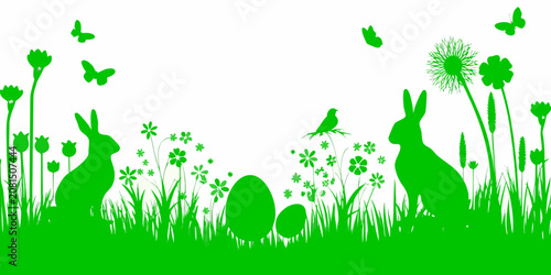 Green Silhouette Banner Featuring Rabbits Butterflies And Easter Eggs