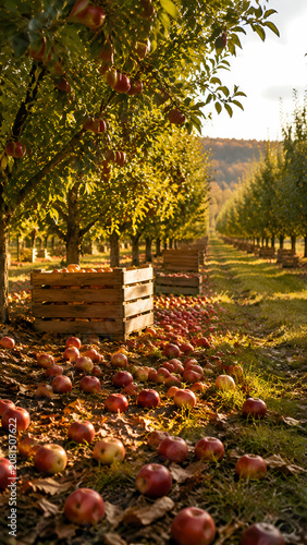 Realistic photo, ripe red apples scattered beneath fruit trees in a sunlit orchard after harvest, wooden crates between the rows, warm autumn atmosphere, no people
