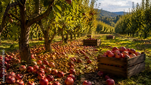 Realistic photo, ripe red apples scattered beneath fruit trees in a sunlit orchard after harvest, wooden crates between the rows, warm autumn atmosphere, no people