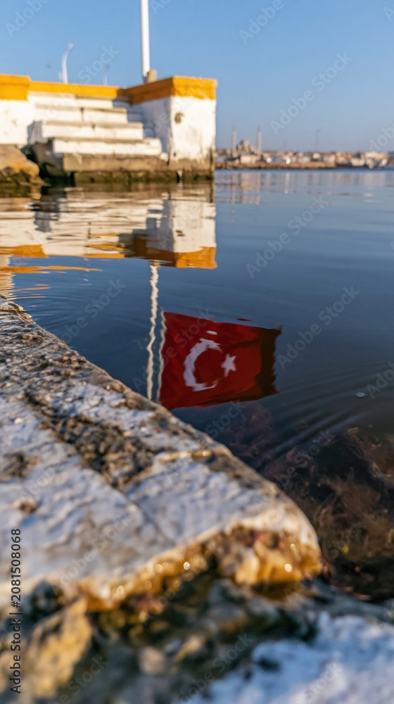 Fototapeta premium Calm water reflection of a red national flag by stone harbor steps at dusk for travel editorial, cultural storytelling and tourism marketing backgrounds