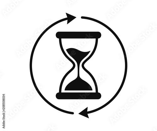 Hourglass icon with circular arrows on white background