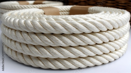 A pile of white rope with brown ties.