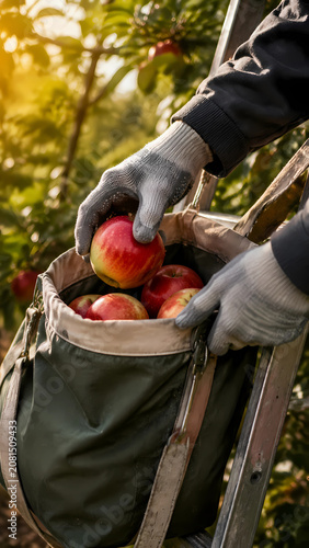Realistic photo, close-up of hands placing freshly picked apples into a large fabric harvesting bag on an orchard ladder, golden morning light, no faces, no people visible