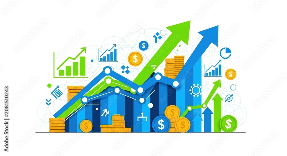 Fototapeta premium Business growth chart with rising arrow and coins