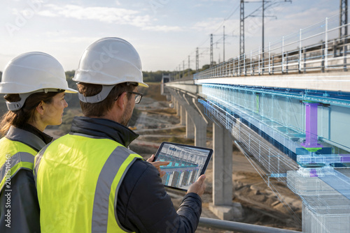 Female Male Civil Engineers Tablet Bim Rail Bridge Model Colorful Structural Overlay Rail Viaduct