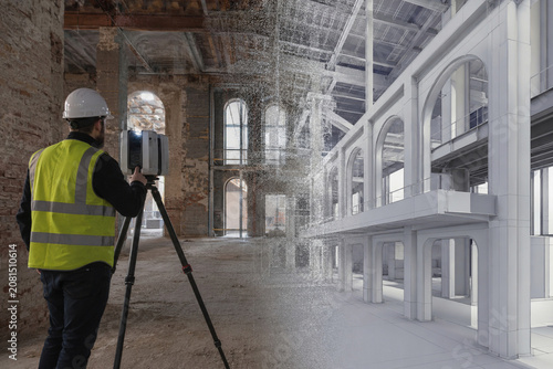 Engineer 3D Laser Scanner Derelict Brick Building Point Cloud Transition Renovated Interior Model