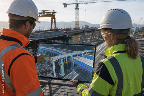 Male Female Civil Engineers Tablet Bim Bridge Model Highway Bridge Construction Cranes Background