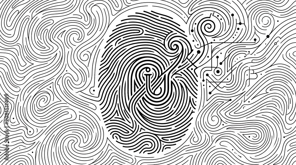 Fototapeta premium A detailed fingerprint illustration surrounded by swirling patterns and shapes.