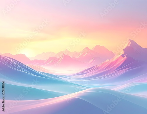 A serene digital landscape of pastel-colored hills and mountains at sunset