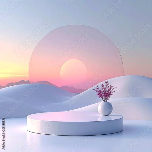 A serene digital landscape with a vase of flowers on a pedestal