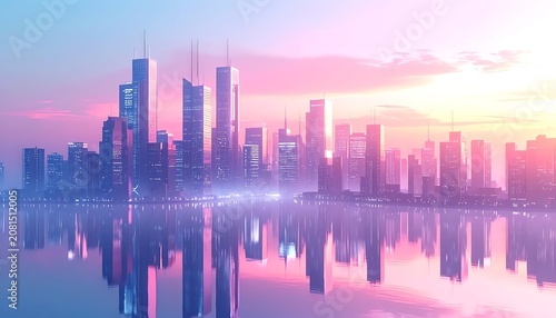 A serene cityscape at sunset with skyscrapers reflected in calm water (2)