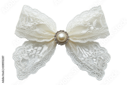 Ornate white lace bow decorated with central pearl brooch isolated on transparent background, Clipart png