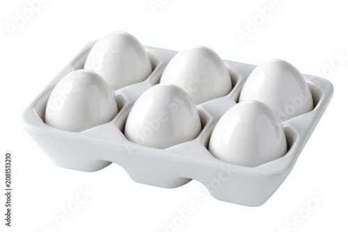Empty white ceramic six grid egg holder tray isolated on transparent background, Clipart png