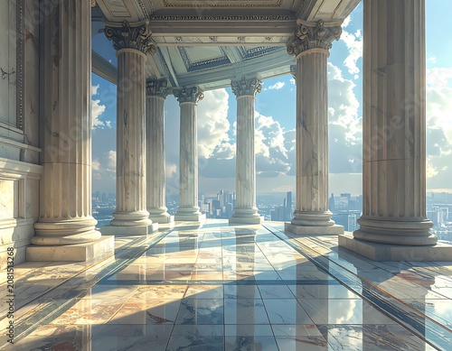 A serene classical architectural structure with columns overlooking a cityscape
