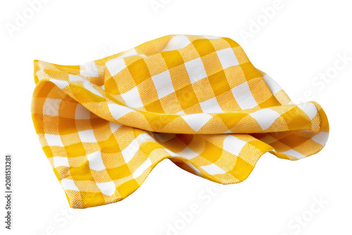 Wrinkled yellow and white gingham checkered kitchen towel isolated on transparent background, Clipart png
 