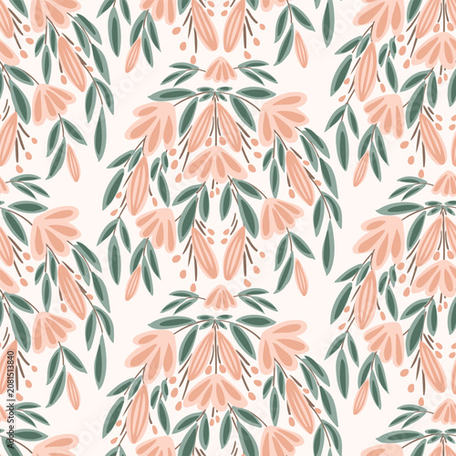Pretty little hand drawn flowers swaying in the wind as a floral maximalist chandelier in colors of cream, peach, green and off white. Botanical seamless vector pattern. Great for home decor, fabric.