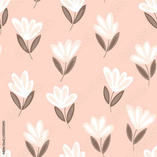 Tiny simple hand painted wildflowers in a beautiful minimalist floral design in colors of cream, off white, brown and peach. Botanical abstract seamless vector pattern. Great for home decor, fabric.