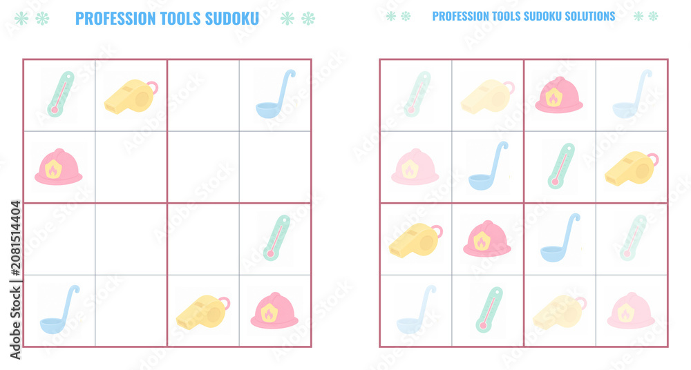 Obraz premium Colorful profession tools sudoku game with solutions for kids