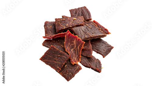 Canvas Print A neat pile of sliced dry smoked beef jerky strips isolated on transparent backg