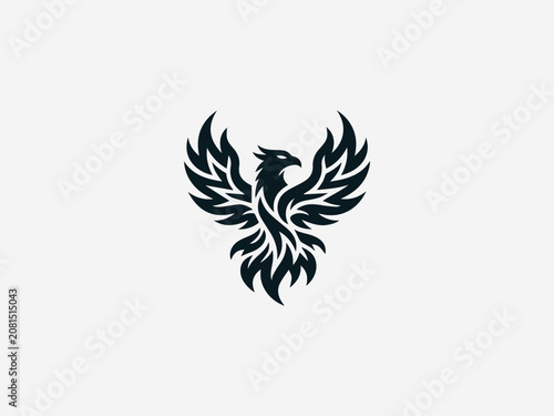 Phoenix Or Fire Bird With Blazing Flames black vector logo white background
