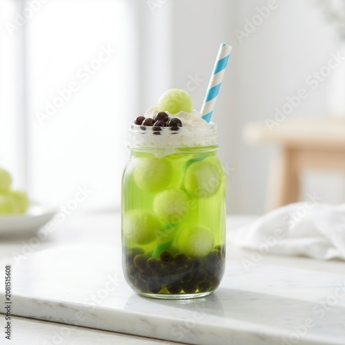 A refreshing green tea dessert drink with boba and whipped cream on a white tabletop.