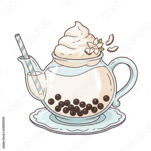 A teapot filled with chocolate balls and topped with whipped cream sits on a saucer.