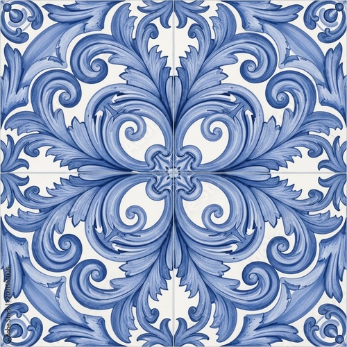 Blue and white baroque floral tile pattern