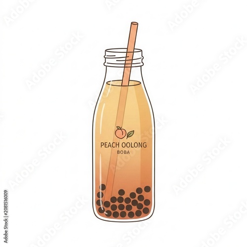 A refreshing bottle of peach oolong tea with boba and a straw