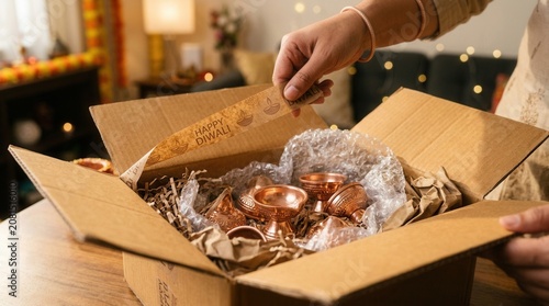 Person opening cardboard box with assorted food items on wooden table indoors