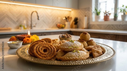 A variety of sweet and savory pastries on a plate in a modern kitchen