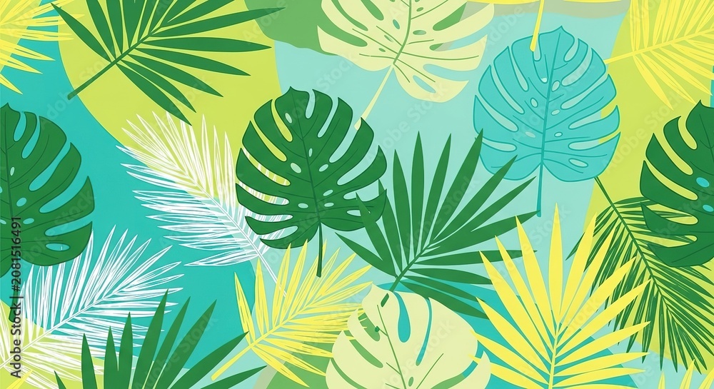 Tropical leaf pattern vibrant green and yellow abstract background