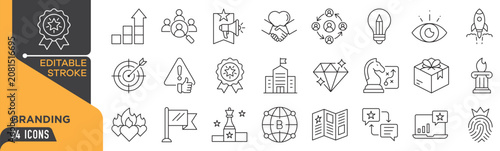 Branding Editable Stroke Line Icons Set – Business Strategy, Marketing, Growth, Teamwork, Innovation, Corporate Outline Vector Collection