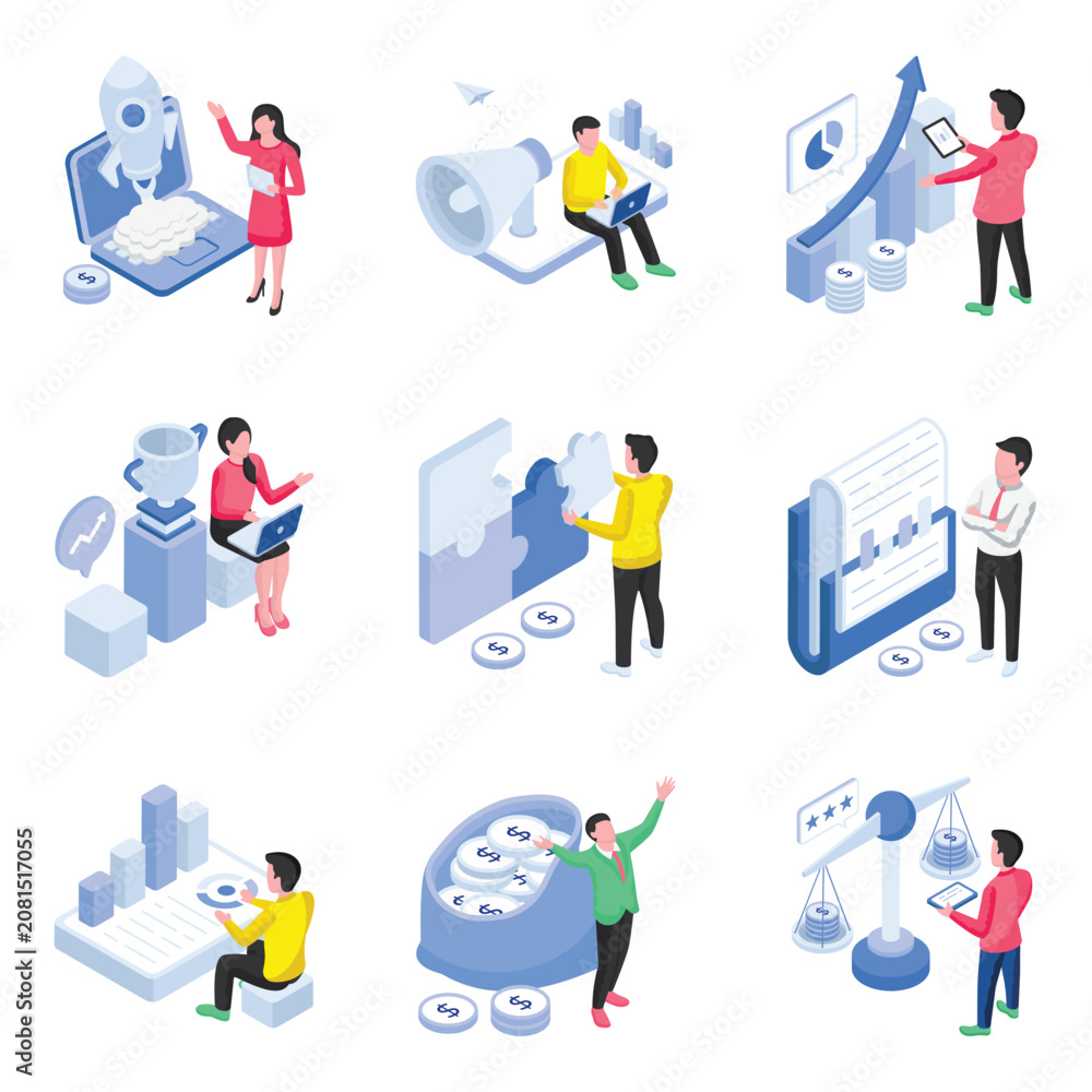 Fototapeta premium Business Strategy Icon Set. Laptop, rocket, megaphone, laptop, chart, coins, trophy, puzzle, folder, graph, money, scale, leader, worker, target, success, growth, finance, data, global, corporate.