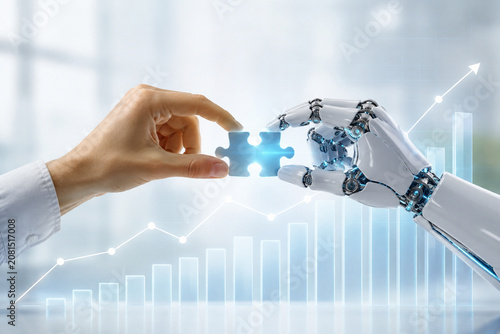 Human and AI Collaboration Concept with Puzzle Piece and Robotic Hand