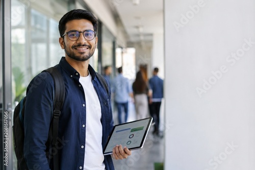 Young Professional with Tablet in Modern Office Corridor