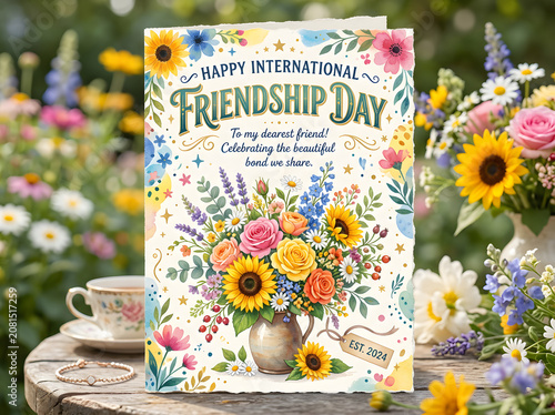 International friendship day greeting card with floral isolated on a transparent background