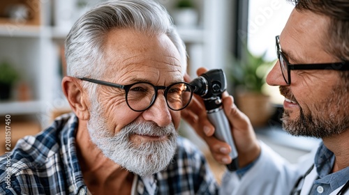 Elderly man in a clinical setting having his ear examined by an audiologist using an otoscope, bright clean medical office