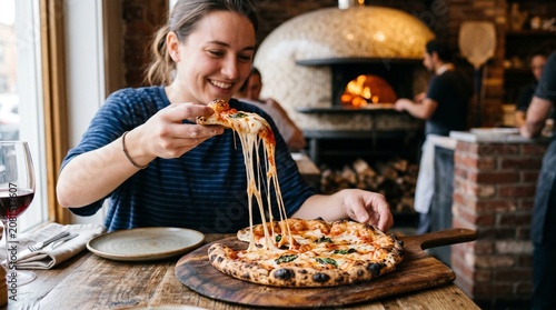 Happy woman eating cheesy pizza slice