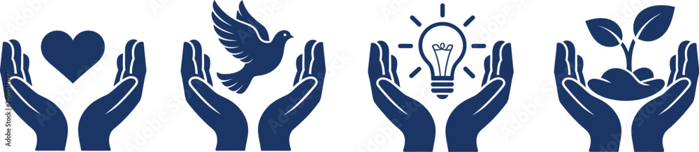 Fototapeta premium Corporate Social Responsibility Silhouette Icon Set with Hands Holding Heart Dove Light Bulb and Plant Symbols
