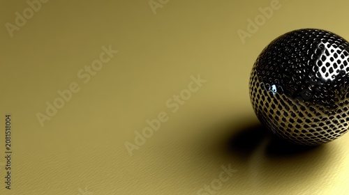 A shiny black ball with a perforated pattern sits on a gold surface.