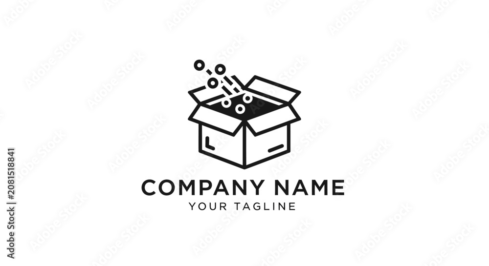 Fototapeta premium A simple line art logo of an open box with circles and text.