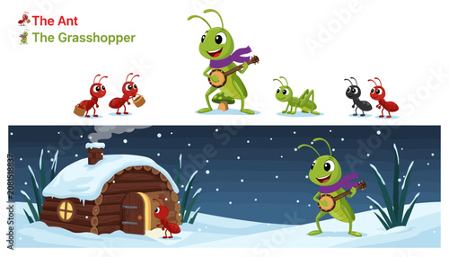 Fényképezés Cartoon grasshopper playing violin in snowy landscape with hut